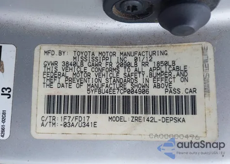 2012 Toyota Corolla S from USA, damaged, VIN 5YFBU4EE7CP004906